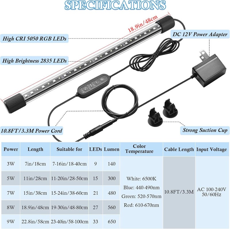FEDOUR 18.9in Submersible Aquarium LED Light, 24/7 Aquarium Lights with Full Spectrum RGBW LEDs, IP68 Waterproof Fish Tank Light with Dimming, Timming and Color Adjustable - Image 2